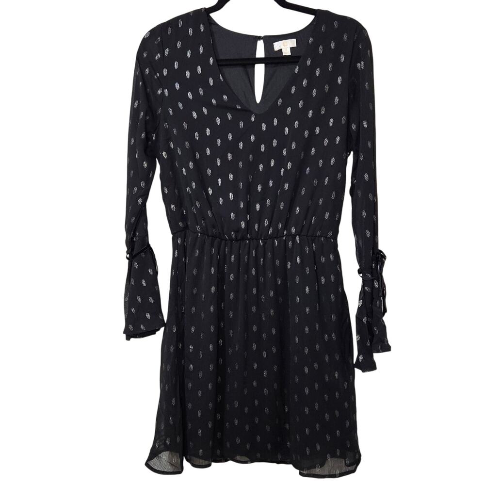 Collective Concepts Black Silver Dot Chiffon Mini Dress Medium Sheer Boho Party